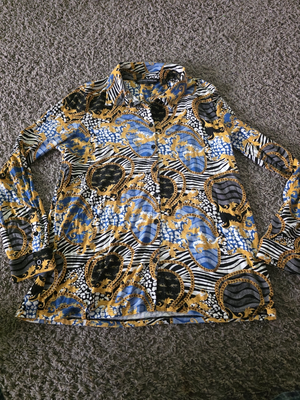 Women’s Printed Button-Up Blouse — Blue & Gold